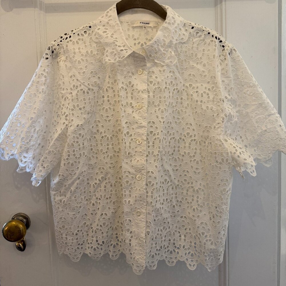 FRAME Eyelet Lace Short-Sleeve Button-Up Blouse – White, Size XL